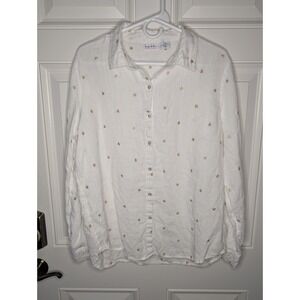 Nicole Miller White Linen Button Front Shirt Embroidered Gold Stars Women's XL